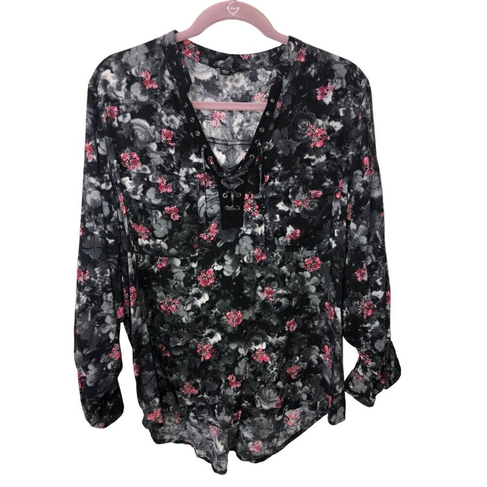 Goth TopSize L Black Pink Floral Edgy Lace Up Long Sleeves Dark Fairy Witchy NEW